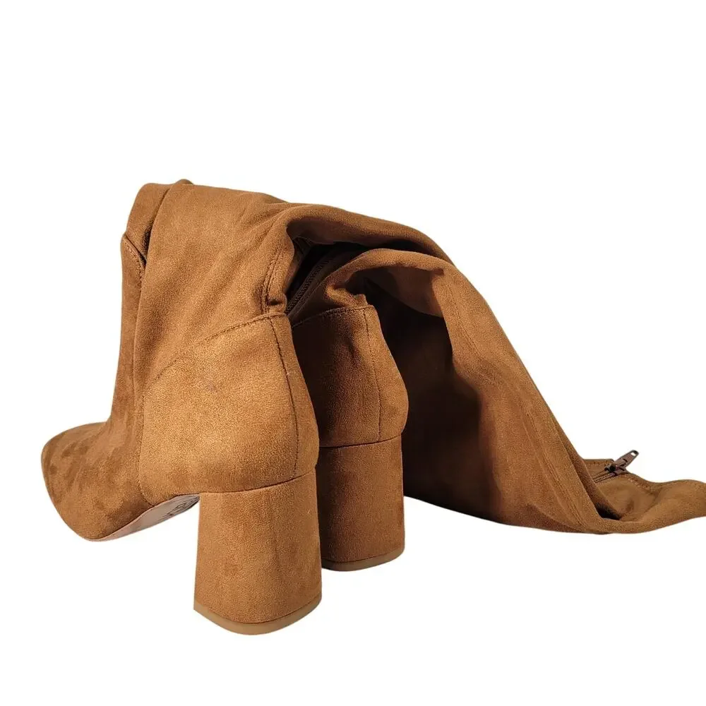 Nordstrom‎ Rack Tan Suede Square Toe Block Heel Knee High Boots Women Size 5